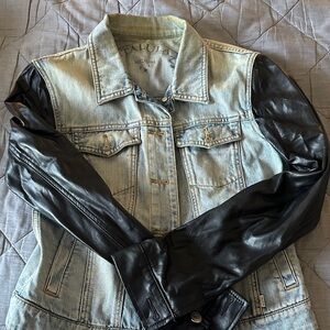 Talula Light Blue Denim Jacket with Black Faux Leather Sleeves